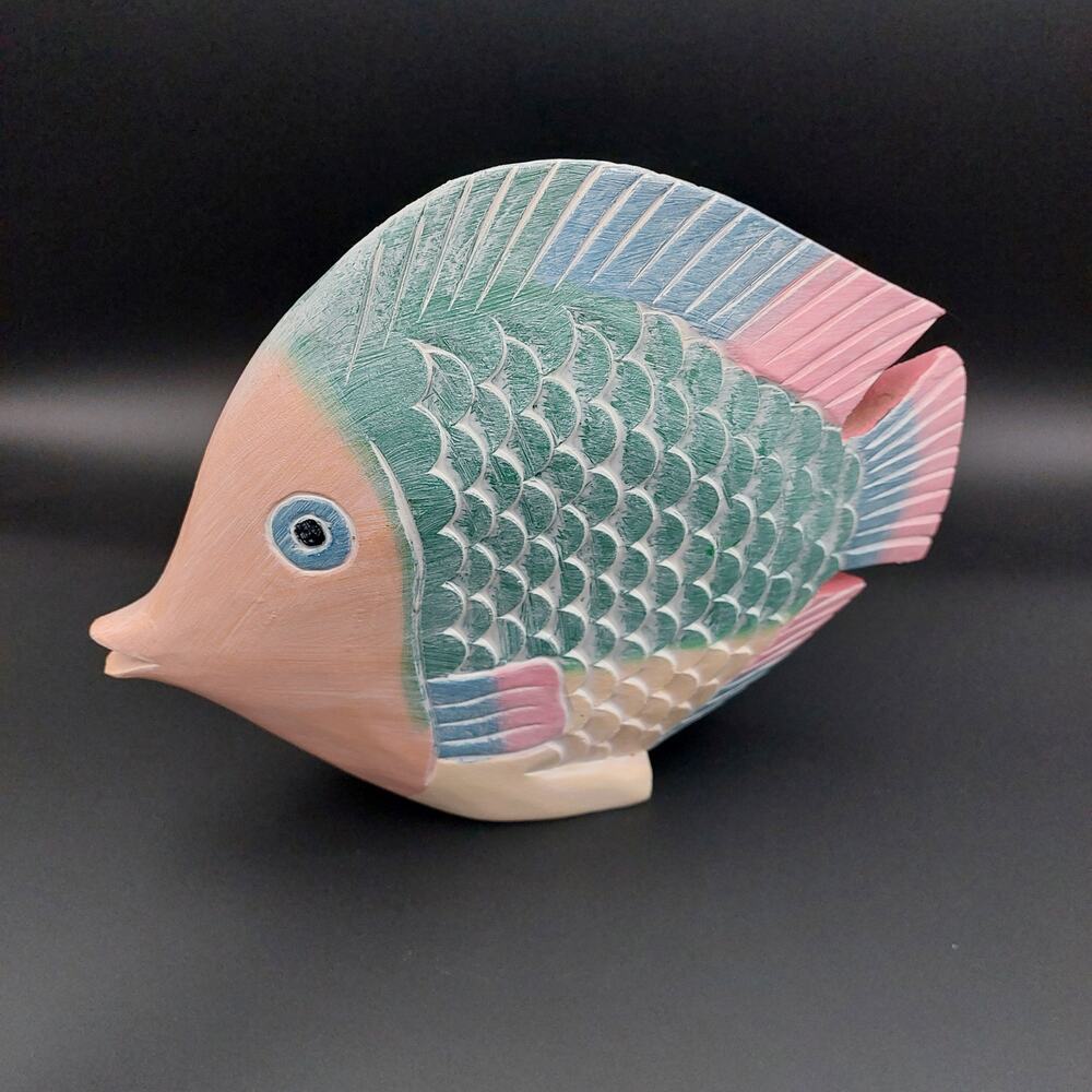 Vintage Wooden Fish Figurine • Pastel Hand Painted Fish • Nautical Wood Art